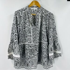 Fever Monochrome Floral Top Babydoll Bell Sleeve Womens Size Large